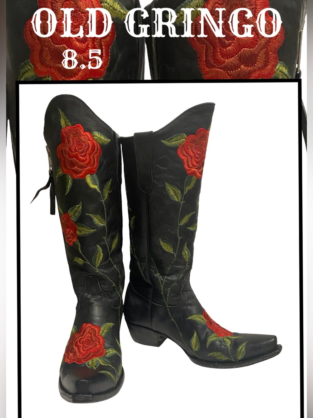 OLD GRINGO Black Leather Red Roses Western Boots Like NEW 8.5